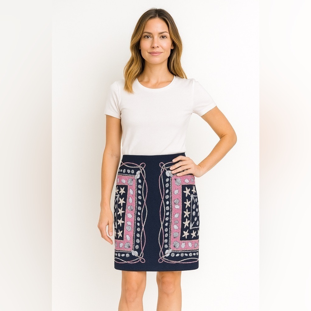 Talbots Sailor Nautical Seashell Rope Skirt Navy Pink Women's 10 Preppy coastal